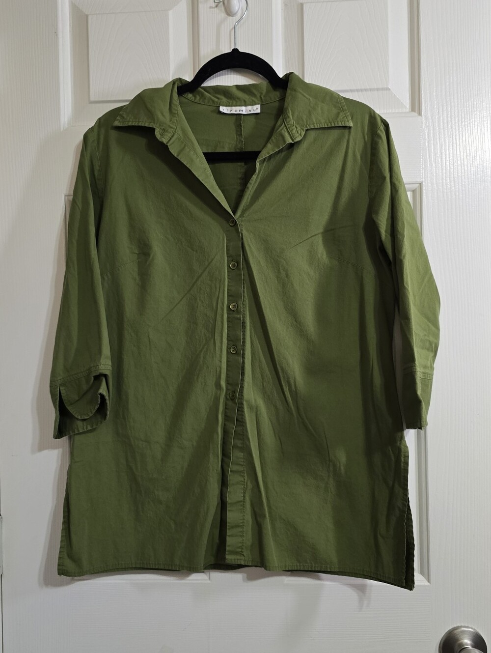 tiramisu Women's Green Solid Collared Button-Down 3/4 Sleeve Blouse Size L